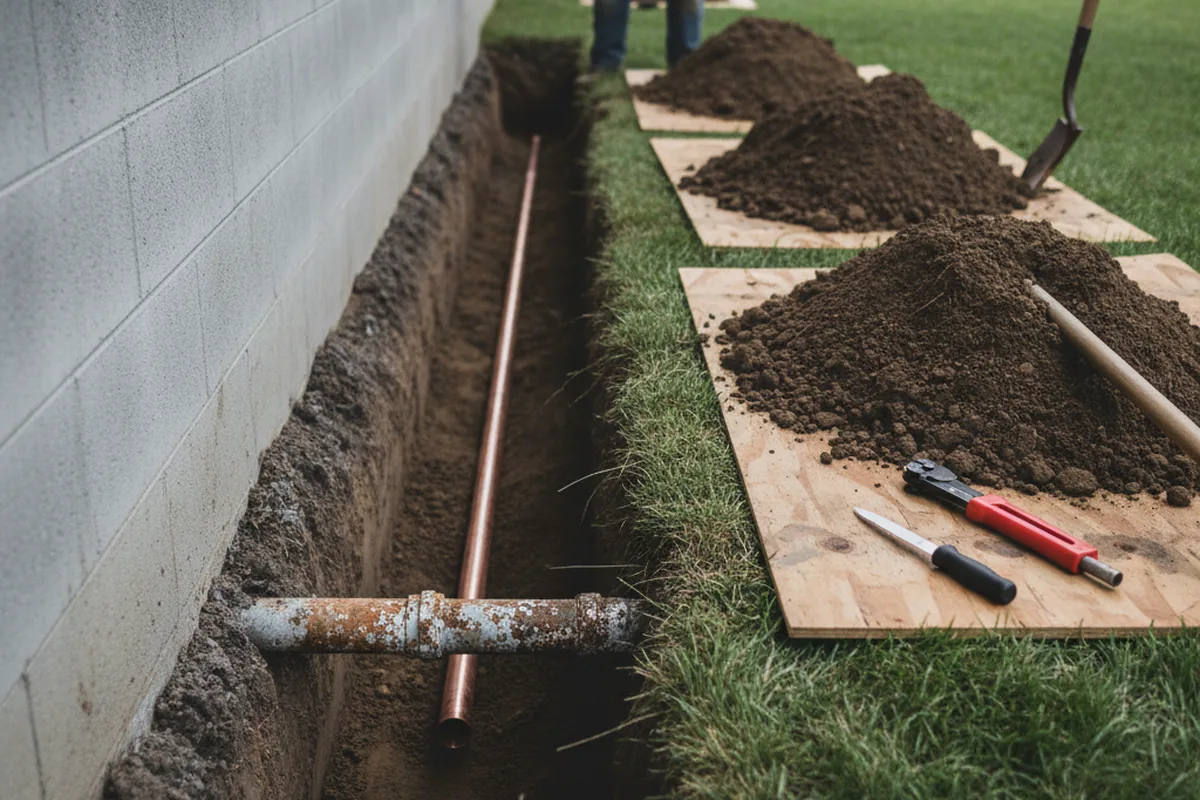 Excavated water line trench during Sewer Line Repair in Creston